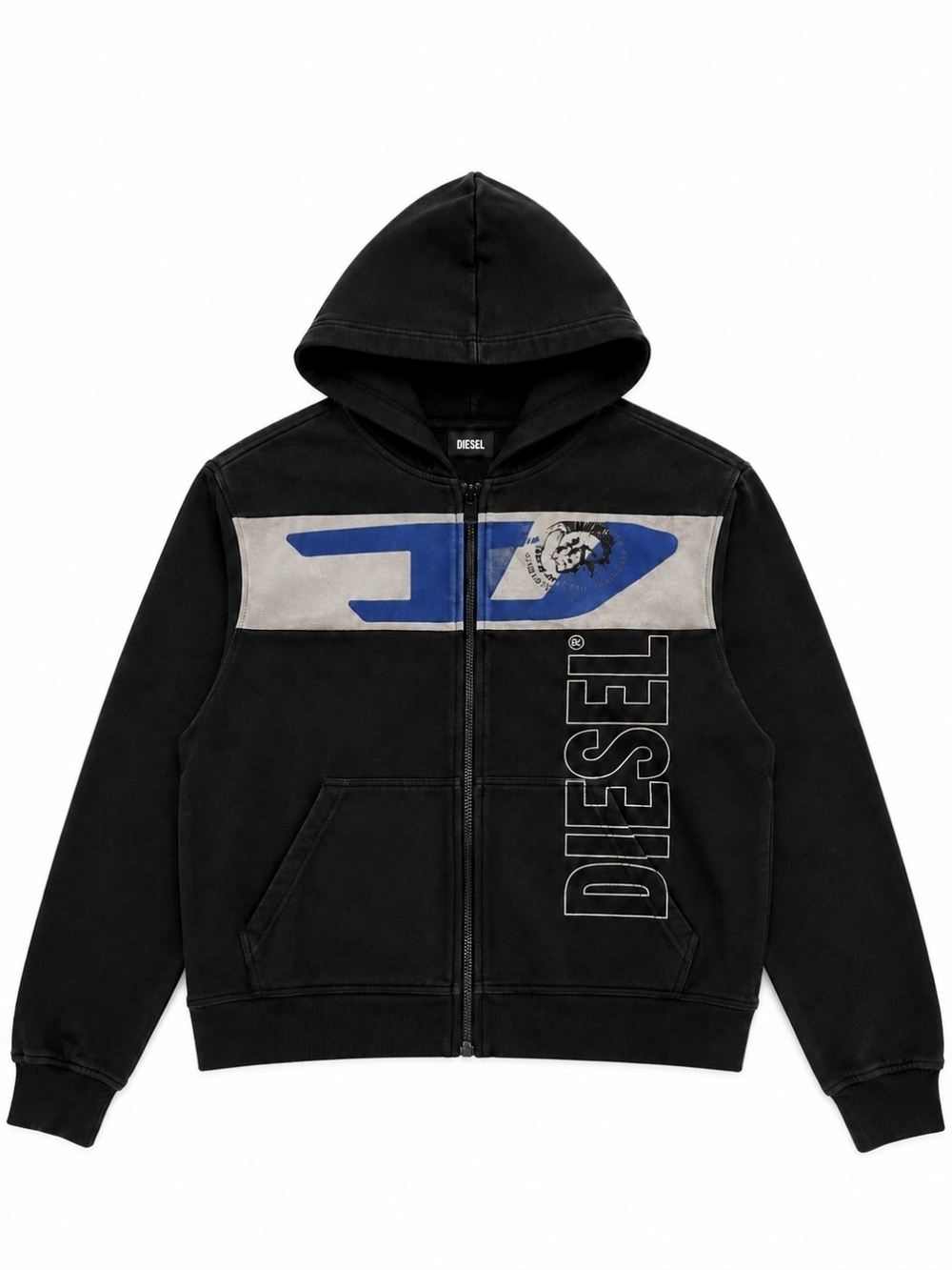 Diesel Kids Hooded Zip Jacket with Blue and Gray Chest Panel With Mohawk Logo .